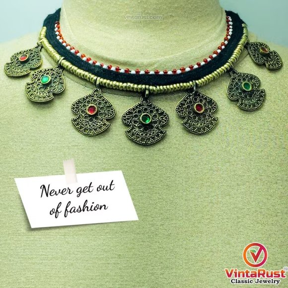 Jewelry - Ethnic Afghan Choker Necklace, Vintage Necklace With Multicolor Glass Stones